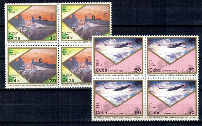 Cuba 1990 - Ziua marcii postale, tren, avion, serie bloc de 4 ne