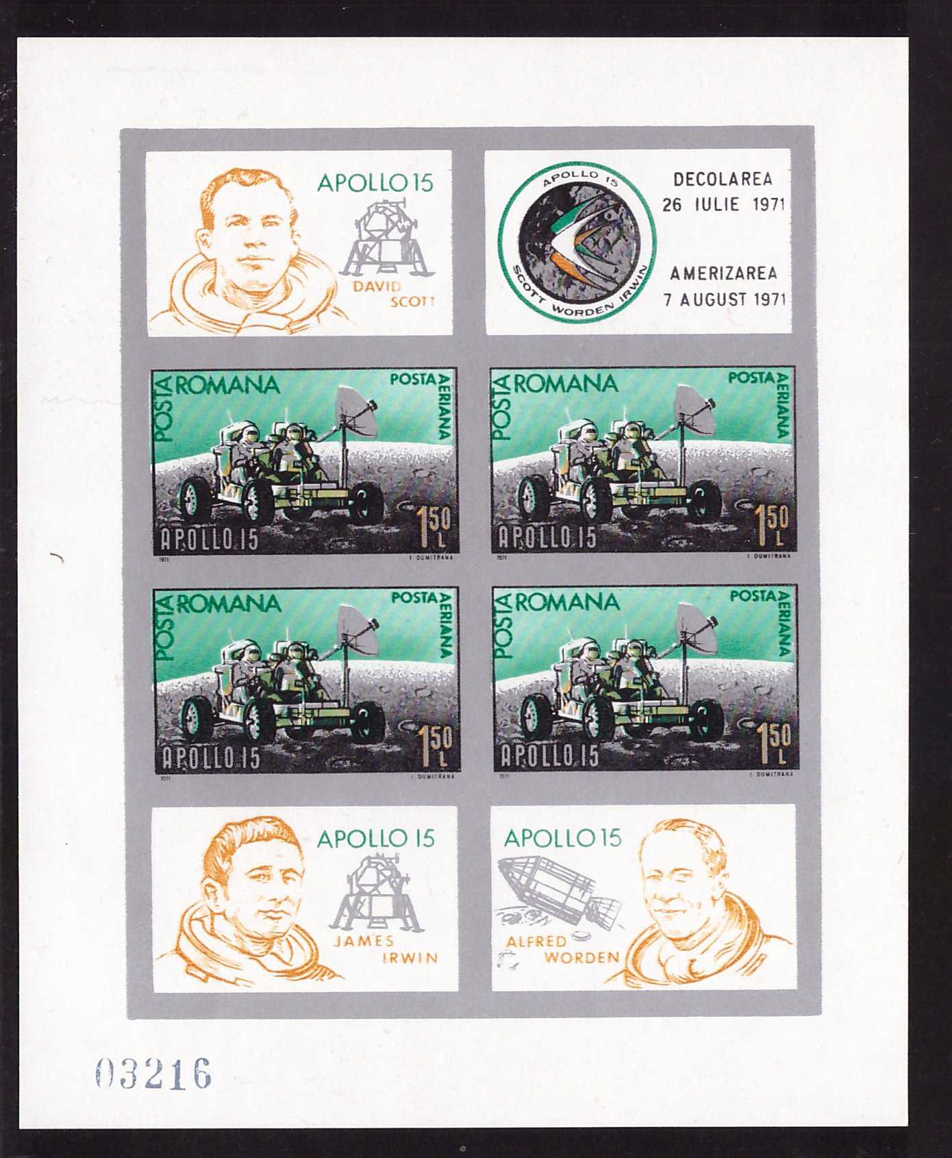 1971 - Apollo 15, cosmonautica, bloc nedantelat neuzat