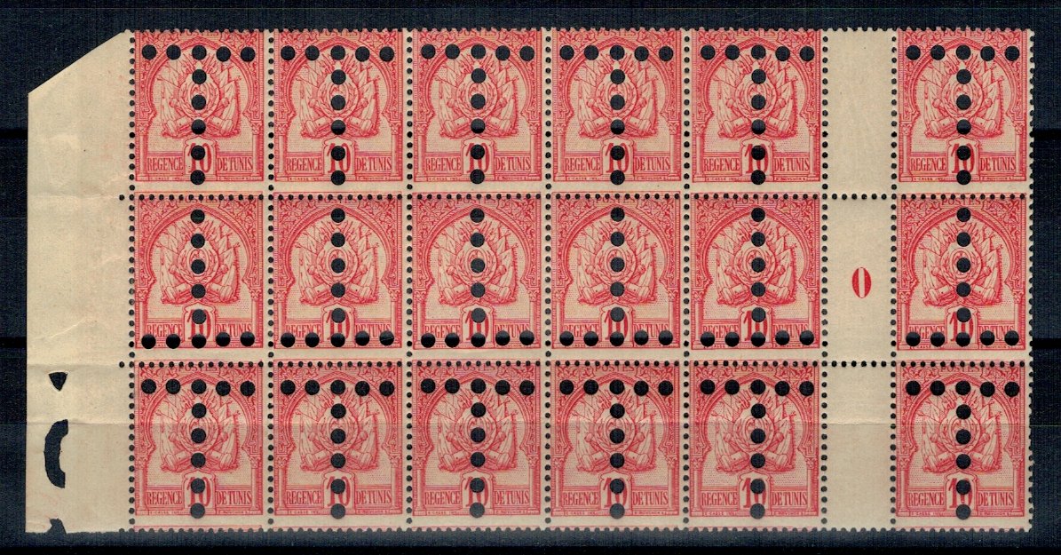 Tunisia 1901 - Porto, 10c cu perfin T, bloc de 24 neuzat