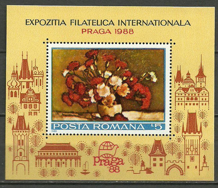 1988 - expo Praga, pictura, flori, colita neuzata