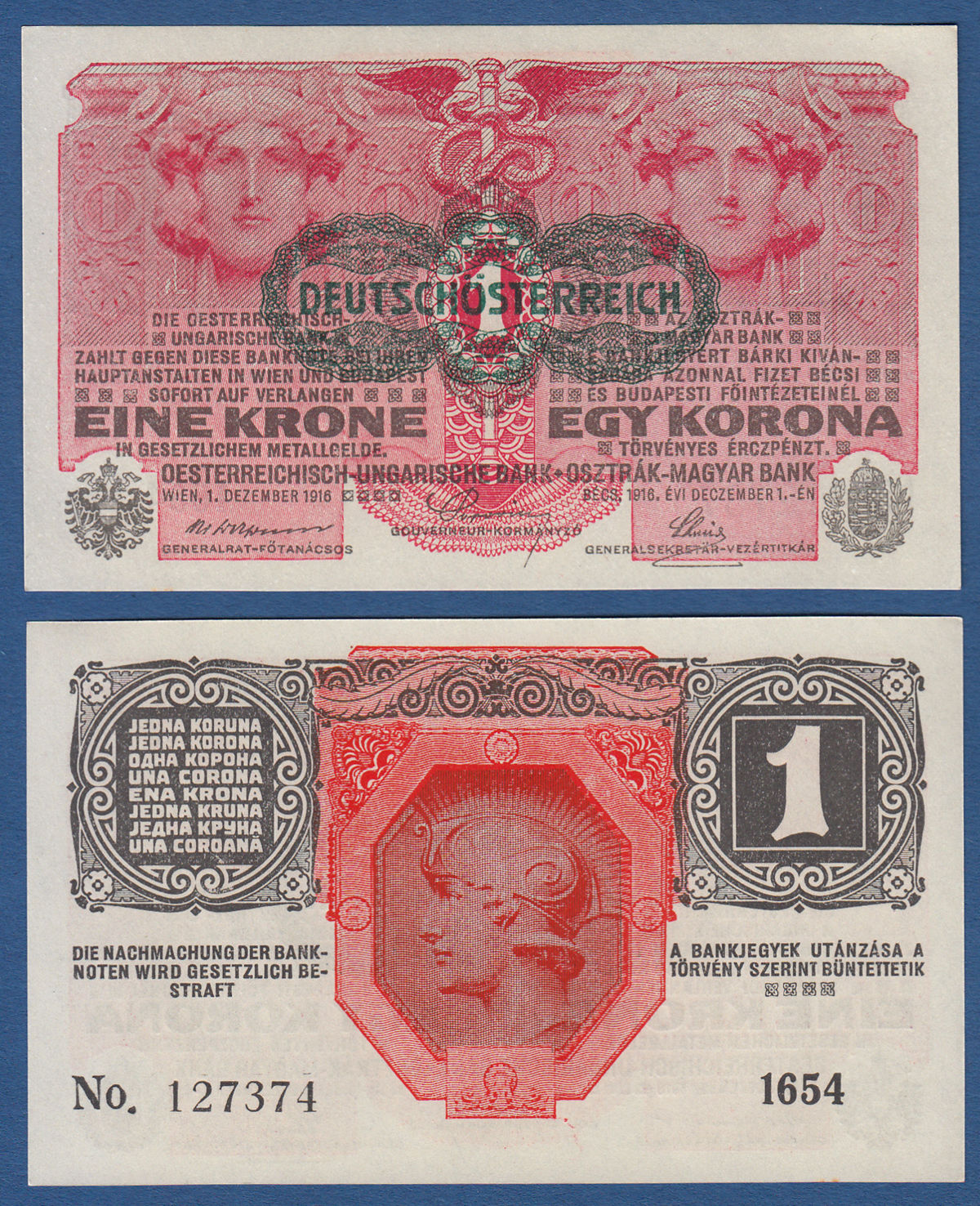 Austro-Ungaria 1916 (1919) - 1 krone UNC