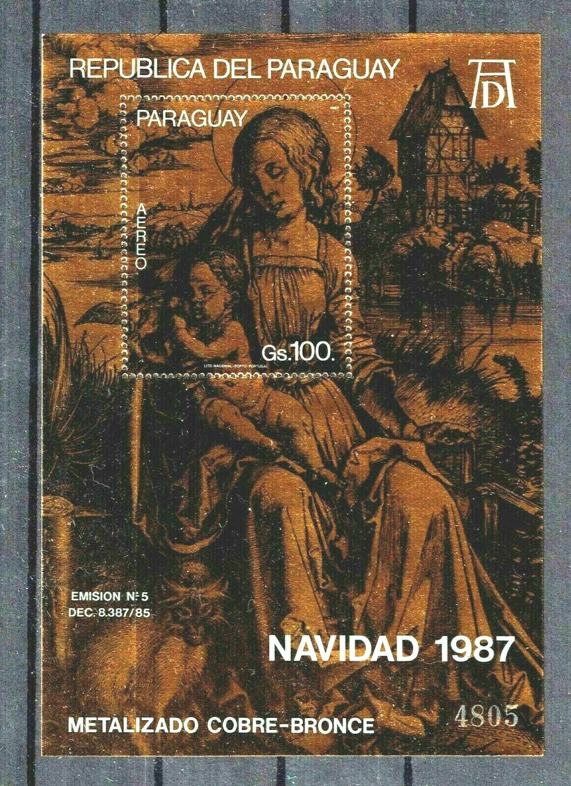 Paraguay 1987 - Craciun, Durer, colita pe folio metal, stampilat