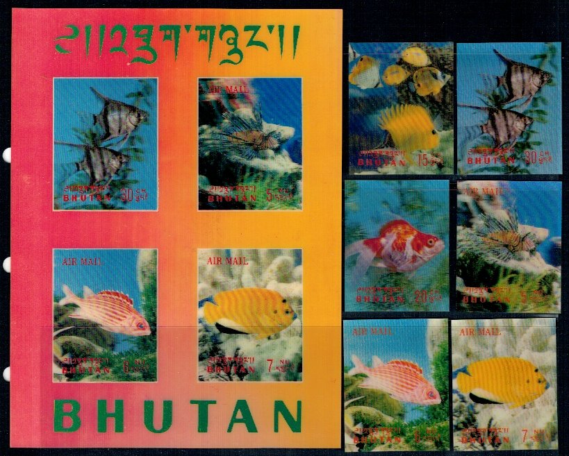 Bhutan 1969 - Pesti de acvariu, serie+colita 3D neuzata