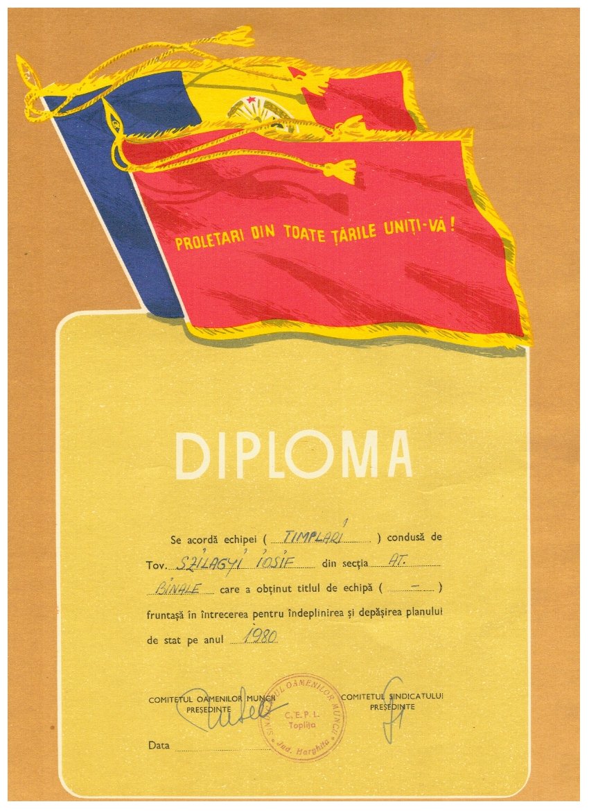 RSR 1980 - Diploma echipa fruntasa, timplari
