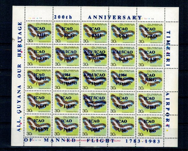 Guyana 1984 - Fluturi, aniversare, supratipar, KLB neuzat