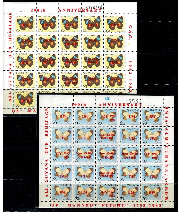 Guyana 1983 - Fluturi, minicoli cu supratipar, neuzate