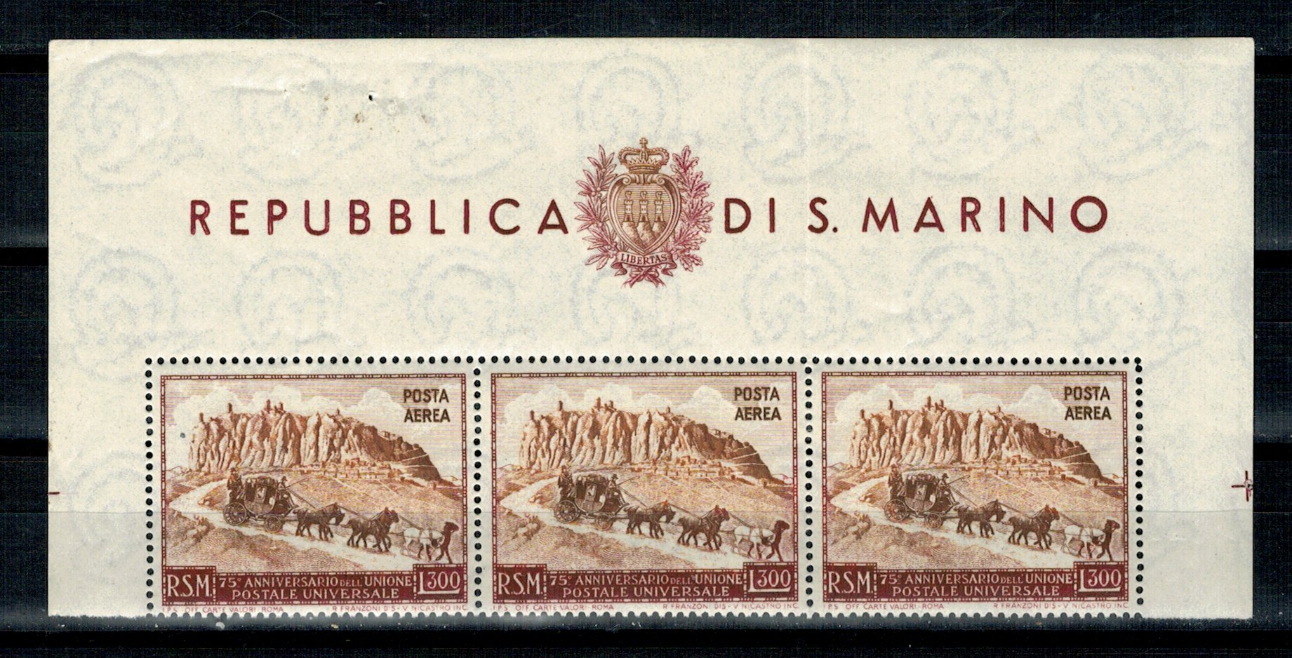 San Marino 1951 - Aniversare UPU, bloc de 3 neuzat