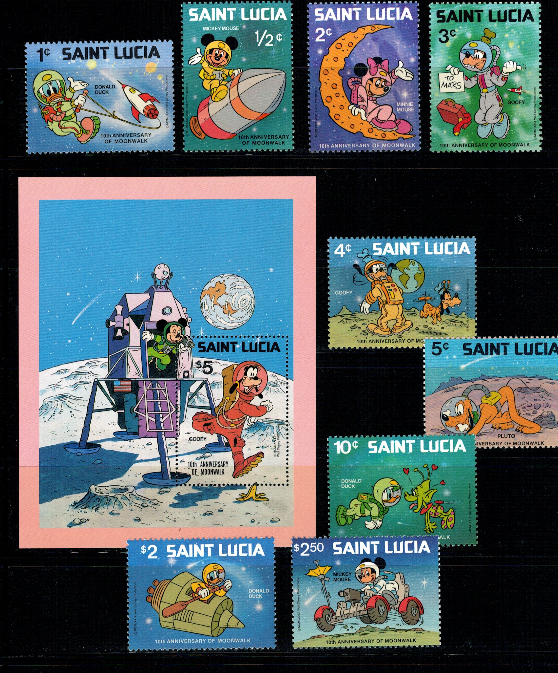 Saint Lucia 1980 - Disney in space, serie+colita neuzata