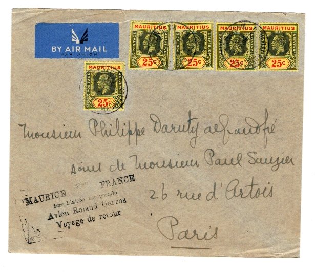 1937 - Posta Aeriana \"Roland Garros\" din Mauritius spre Franta