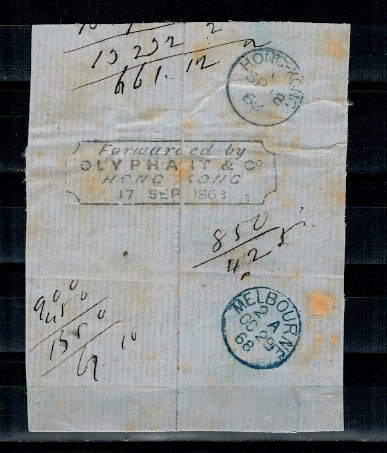 1868 - Fragment de plic circulat Hong-Kong - Melbourne