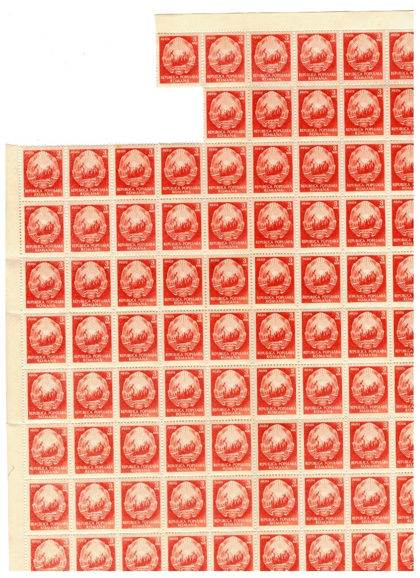 1952 - Uzual stema, val.3bani fragm. coala 93 marci neuzate
