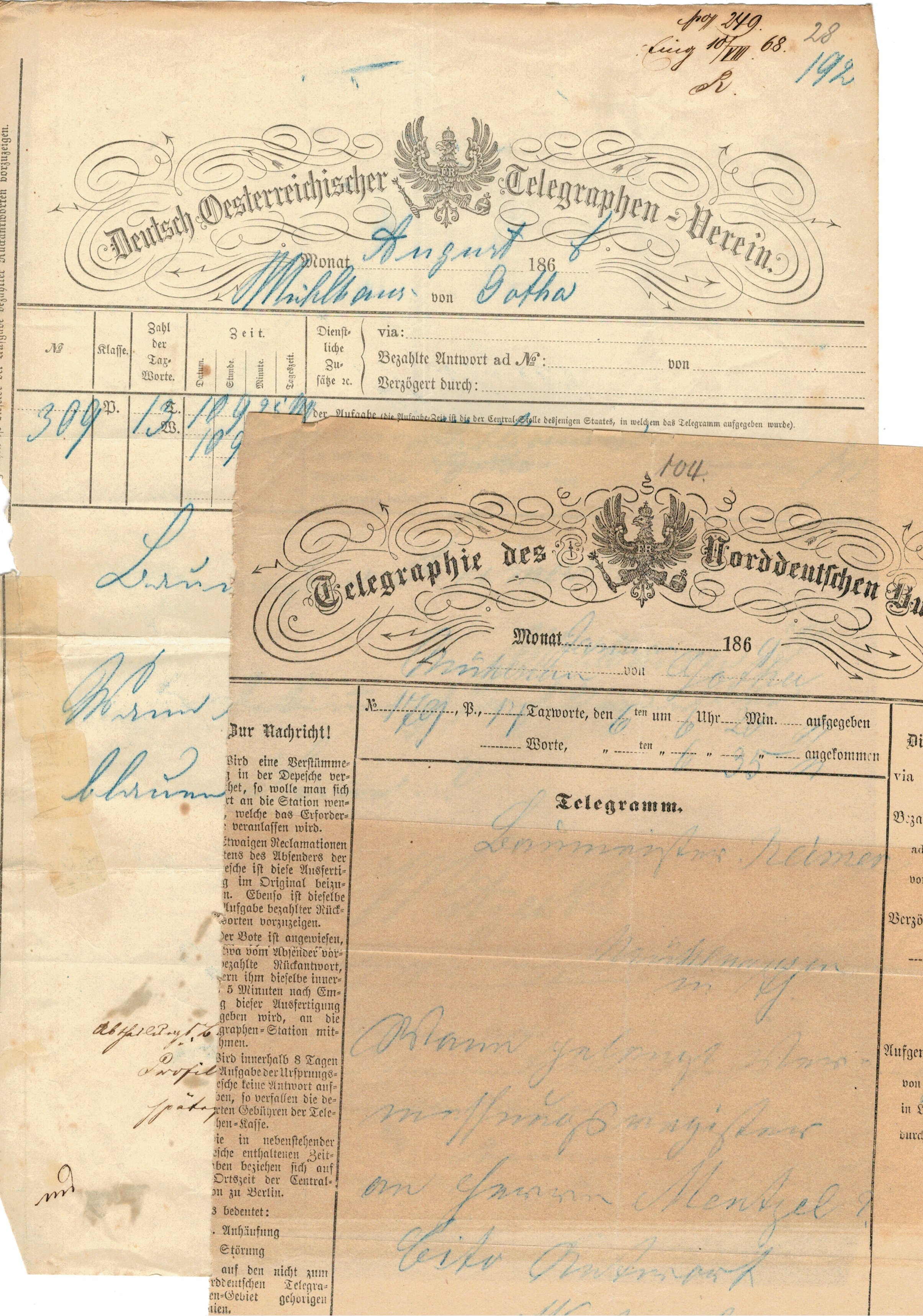 Gotha, Turingia 1868,69 - Lot 2 telegrame