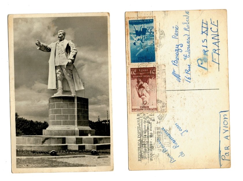 Bucuresti 1953 - Statuia Stalin, ilustrata expediata in Franta