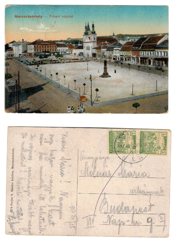 Targu Mures 1917 - Centrul, statui, ilustrata circulata