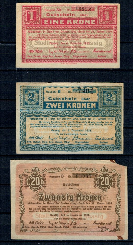 Aussig(Cehia) 1918 - 1, 2, 20 kronen, circulate