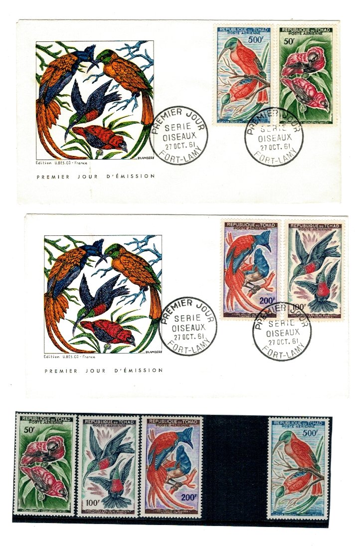 Tchad 1961 - Pasari, plicuri prima zi + timbre nestampilate cu s