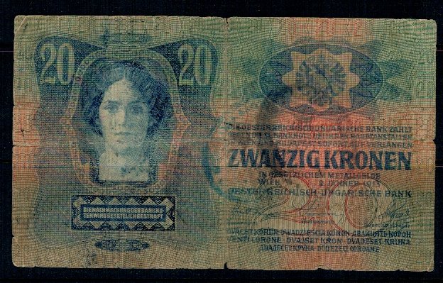 Austro-Ungaria 1913(1919) - 20 korona cu stampila sarba, uzata