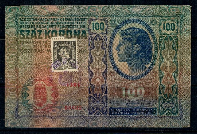 Austro-Ungaria 1912(1919) - 100 korona timbru si stampila Sarbea