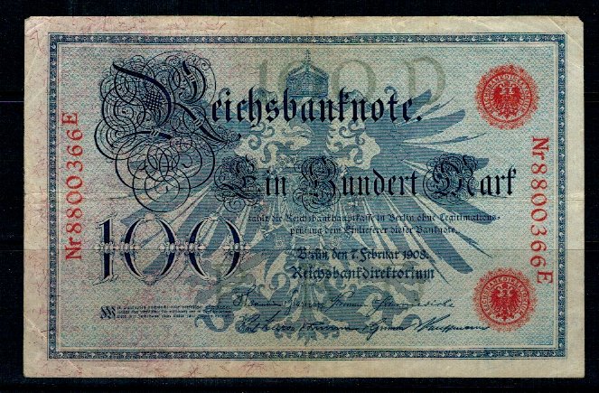 Germania 1908 - 100 mark, sigiliu rosu, circulata