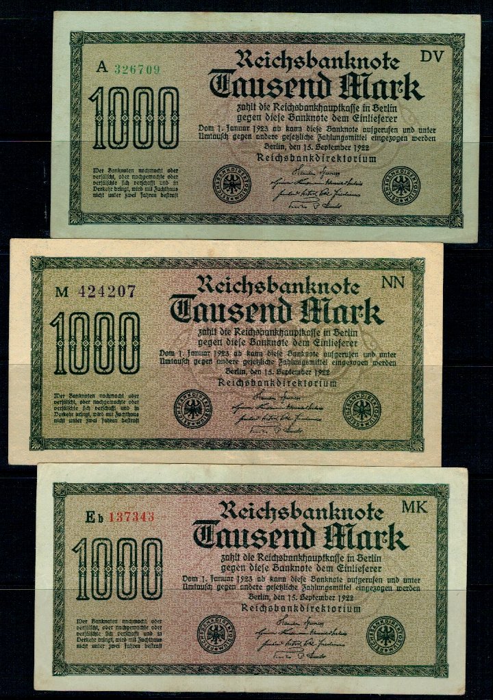 Germania 1922 - 1000 mark, 3buc. cu filigrane diferite
