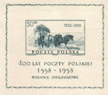 Polonia 1958 - Aniv. posta poloneza, colita neuzata pe matase
