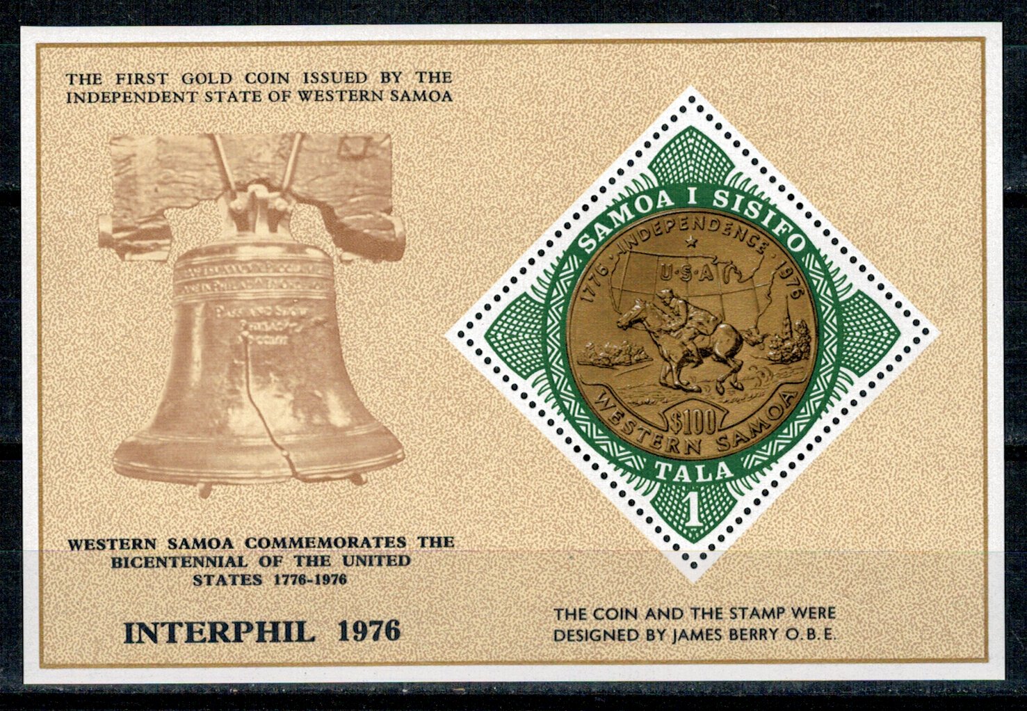 Samoa 1976 - Moneda pe timbru, calarie, expo Interphil76, colita