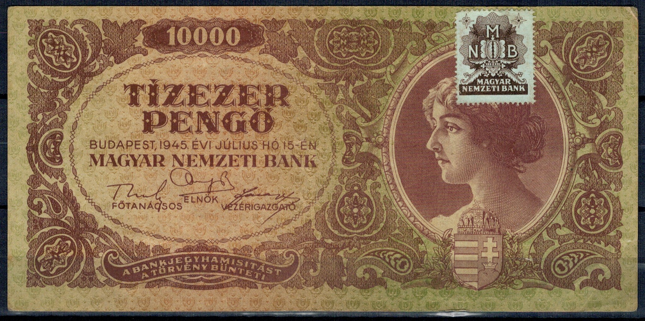 Ungaria 1945 - 10.000 pengo, cu timbru MNB, circulata