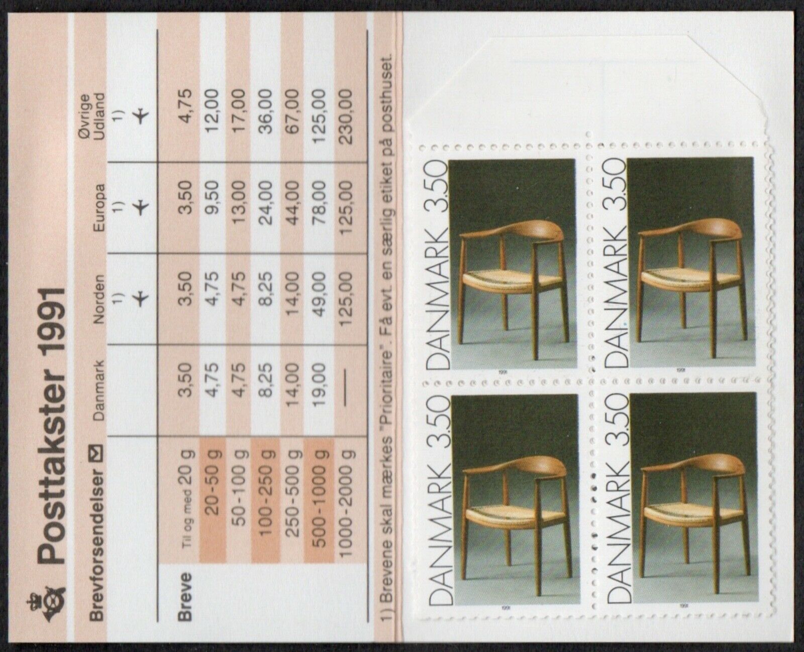Danemarca 1991 - Scaune, carnet filatelic neuzat