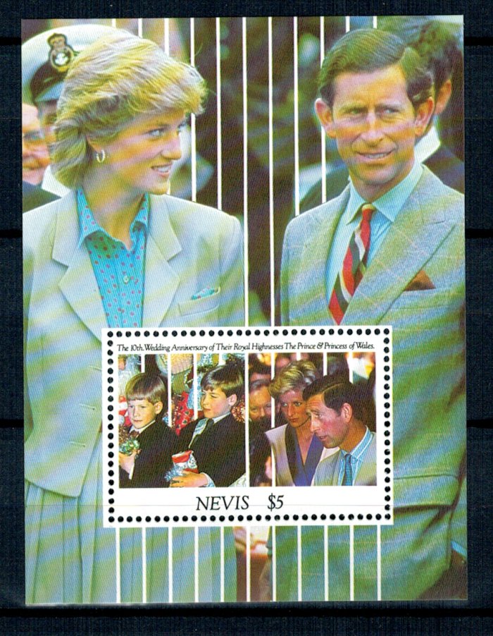 Nevis 1991 - Charles&Diana, aniv. Royal Wedding, colita neuzata