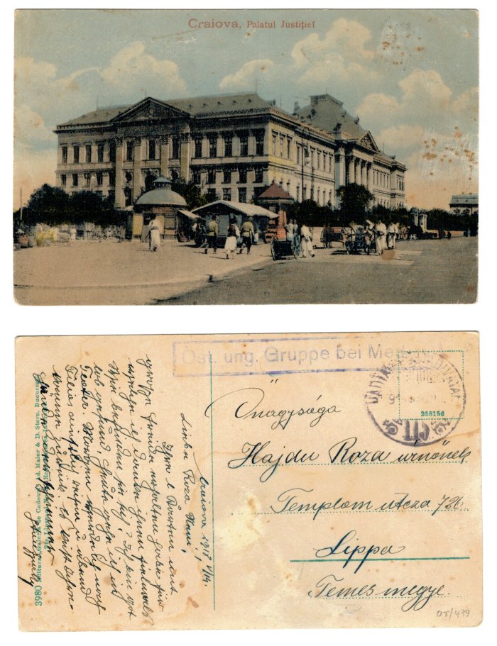 Craiova 1918 - Palatul Justitiei, ilustrata circulata posta mili
