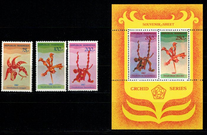 Indonesia 1980 - Flori, orhidee, serie+bloc neuzat