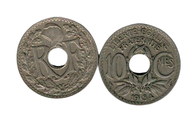 Franta 1934 - 10 centimes, circulata