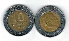 Uruguay 2000 - 10 pesos, circulata