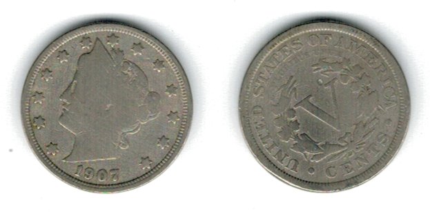 SUA 1907 - 5 cents, circulata